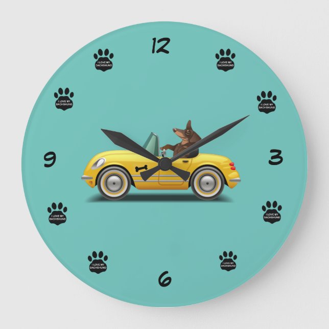 Dachshund Sports Car Driver Clock Stor Klocka (Framsida)