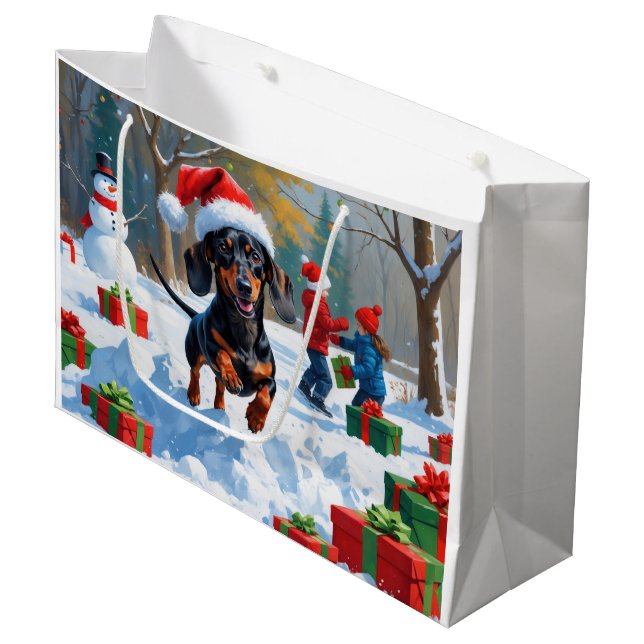 Dachshund springer i snö med julhatt (Framsidan Vinklad)