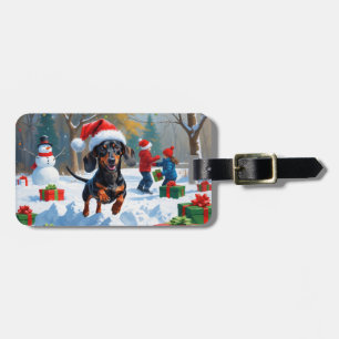 Dachshund springer i snö med julhatt bagagebricka