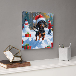 Dachshund springer i snö med julhatt fyrkantig klocka