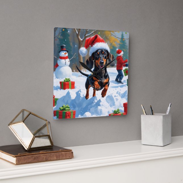 Dachshund springer i snö med julhatt fyrkantig klocka (Kontor)