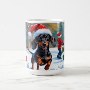 Dachshund springer i snö med julhatt kaffemugg