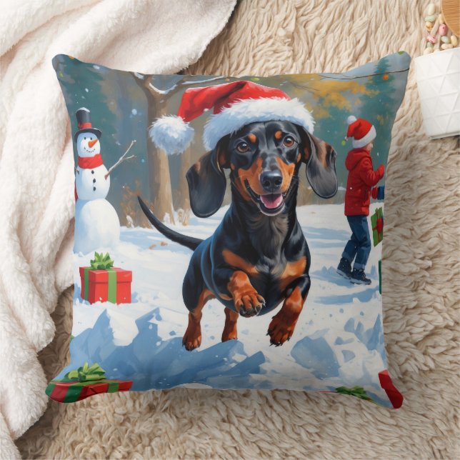 Dachshund springer i snö med julhatt kudde (Filt)