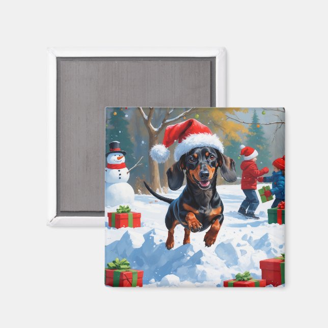 Dachshund springer i snö med julhatt magnet (Front/Back)