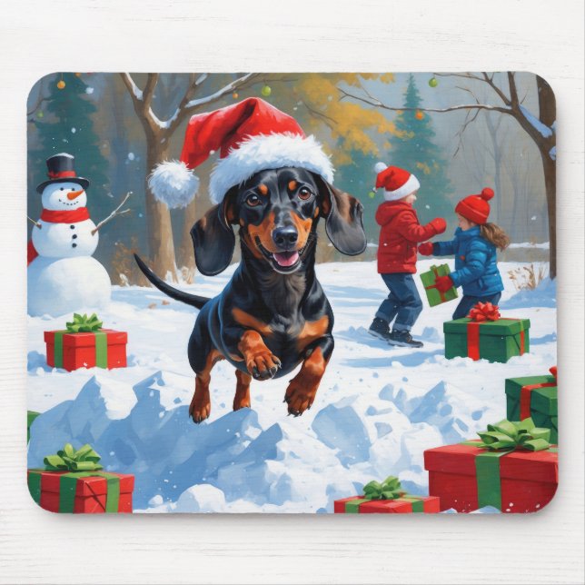 Dachshund springer i snö med julhatt musmatta (Framsidan)