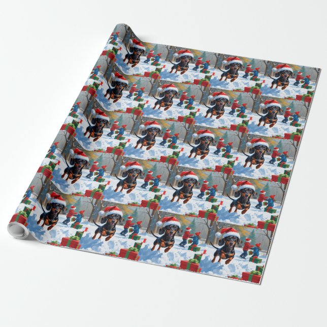Dachshund springer i snö med julhatt presentpapper (Utrullad)