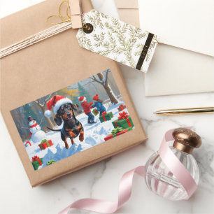 Dachshund springer i snö med julhatt rektangulärt klistermärke