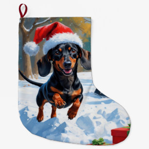Dachshund springer i snö med julhatt stor julstrumpa