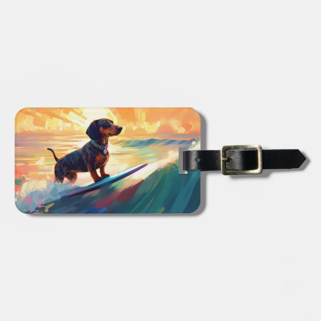 Dachshund Strand Surfing Målning Bagagebricka (Horisontell Framsida)