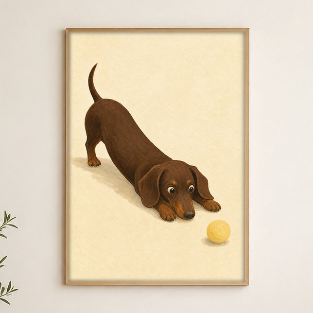 Dachshund Stretch Watercolour Whimsical Konst Post Poster (Shown framed for scale. Poster ships unframed; frames are an optional add-on.)