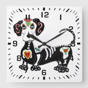 Dachshund Sugar Skull Fyrkantig Klocka