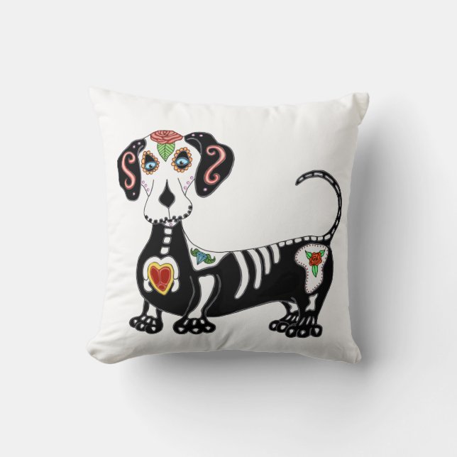 Dachshund Sugar Skull Kudde (Framsida)