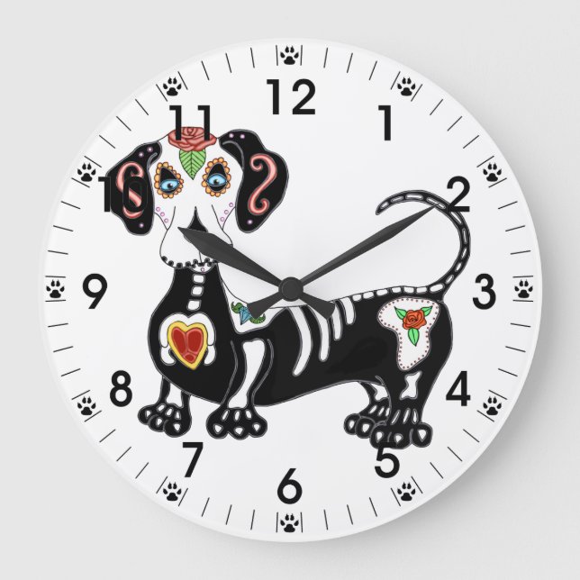 Dachshund Sugar Skull Stor Klocka (Framsida)