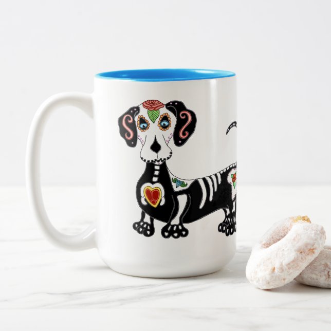 Dachshund Sugar Skull Två-Tonad Mugg (Med munk)