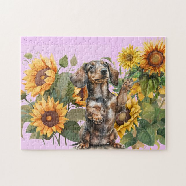 Dachshund Sunblommor Pussel (Horisontell)