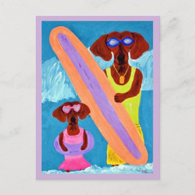 Dachshund-surfare med valp vykort (Framsida)