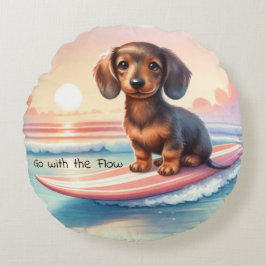Dachshund Surfer Sunset Serenity Rund Kudde