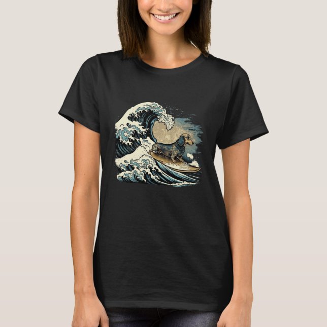 Dachshund Surfing Kanagawa Japanese The great wave T Shirt (Framsida)