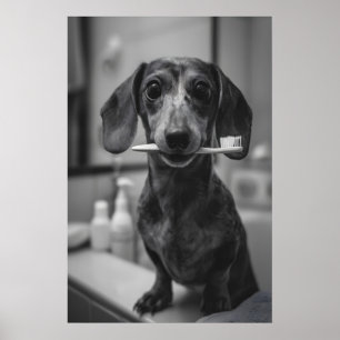 Dachshund Tänder Borstning Tryck, Rolig Badrum Hun Poster