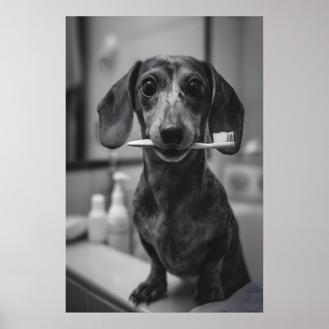 Dachshund Tänder Borstning Tryck, Rolig Badrum Hun Poster (Framsidan)