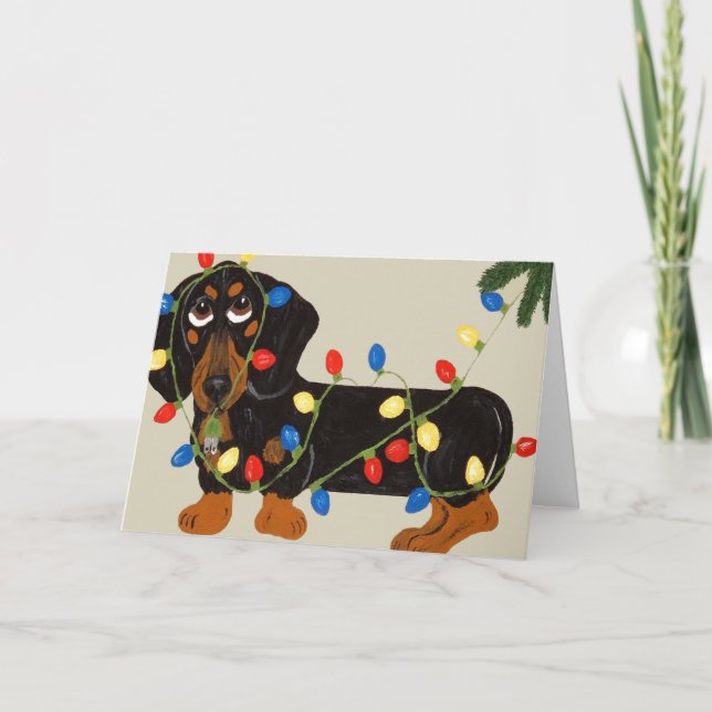 Dachshund Tangled i jul Ljus Blk/Tan Helgkort (Framsida)