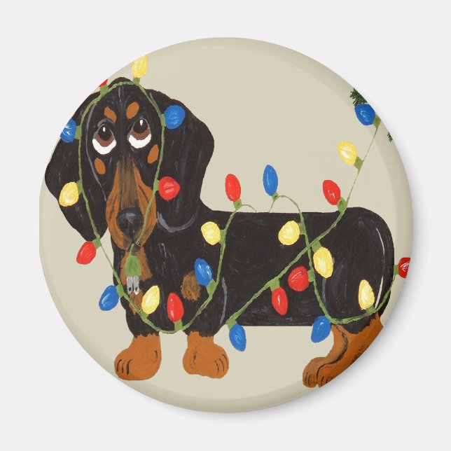 Dachshund Tangled i jul Ljus Blk/Tan Magnet (Framsidan)