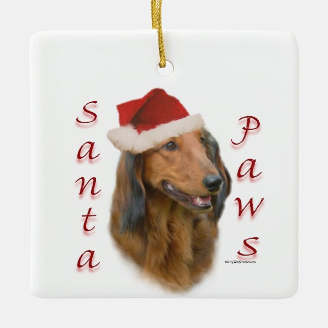 Dachshund Tassar - Långhårig Julgransprydnad Keramik (Framsida)