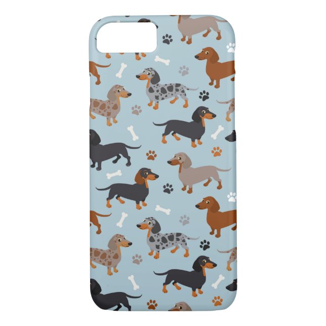 Dachshund Tassar och Bones Mönster Blue Case-Mate iPhone Skal (Baksida)