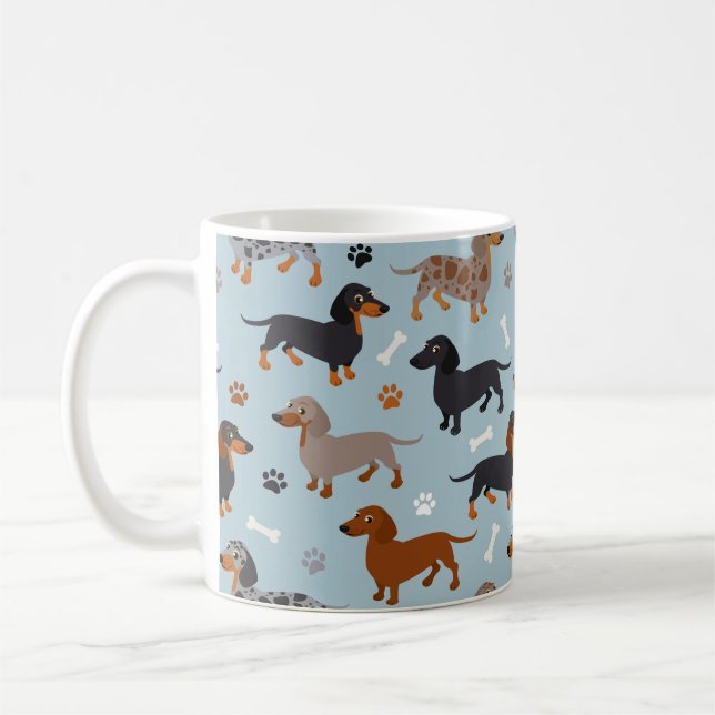Dachshund Tassar och Bones Mönster Blue Kaffemugg (Vänster)