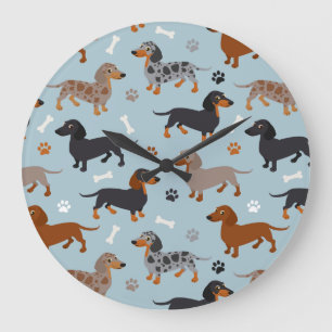 Dachshund Tassar och Bones Mönster Blue Stor Klocka