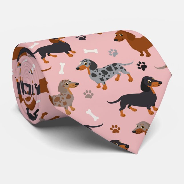 Dachshund Tassar och Bones Mönster Rosa Slips (Rullad)