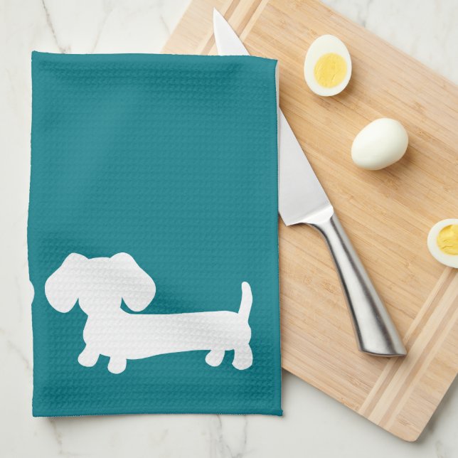Dachshund Teal Dish Towel Wiener Hund & Pappor Kökshandduk (Vikt i Fjärdedel)
