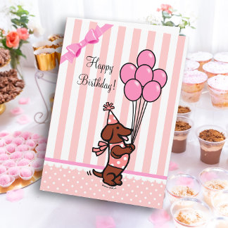 Dachshund Tecknad Birthday Rosa Balloons Kort