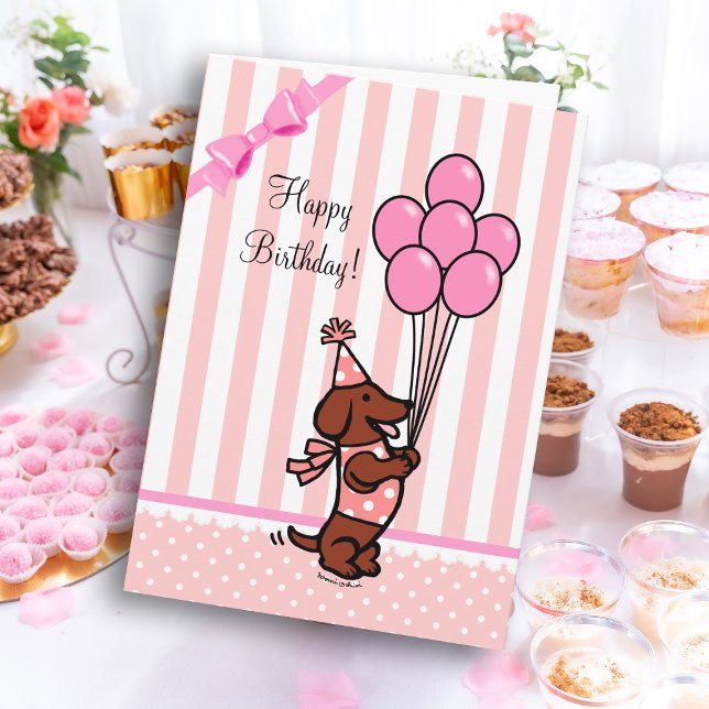 Dachshund Tecknad Birthday Rosa Balloons Kort (Dachshund Cartoon Birthday Pink Balloons Greeting Card for Dachshund Owners!  Cute Doxie design.)