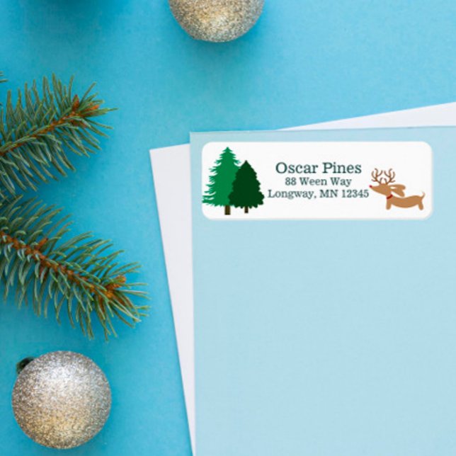 Dachshund-temade Adressetiketter för julkort Returadress Etikett (Personalized rustic Christmas return address label with a dachshund masquerading as a reindeer)