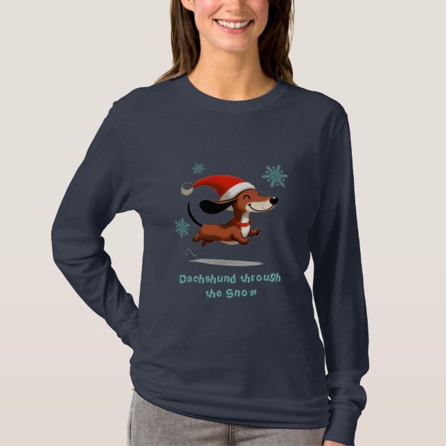 Dachshund through the Snow puppy dog Christmas T Shirt (Framsida)
