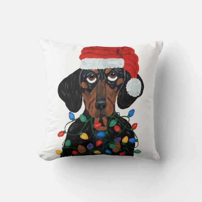 Dachshund Tomte intrasslad i julgransbelysning Kudde (Framsida)