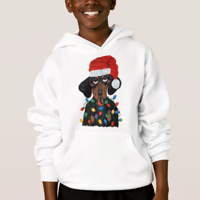 Dachshund Tomte intrasslad i julgransbelysning Tee (Framsida)