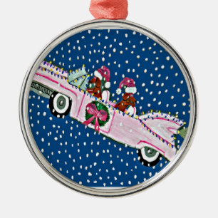 Dachshund Tomtens Jul Rosa Cadillac Julgransprydnad Metall