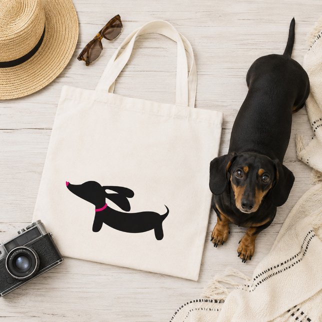 Dachshund Totebag Svart + Rosa Accenter Tygkasse (Wiener dog tote bag featuring a black doxie with a pink nose and collar)