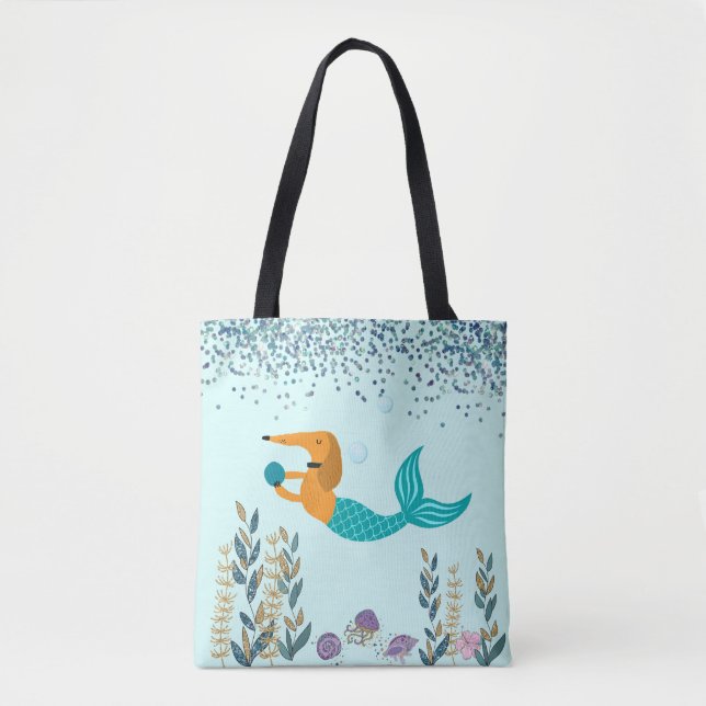Dachshund Turcouise Sjöjungfru Svan Tote Bag Tygkasse (Framsida)