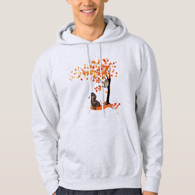 Dachshund Uggla och Fall Träd Dachshund Älskare hö Hoodie (Framsida)