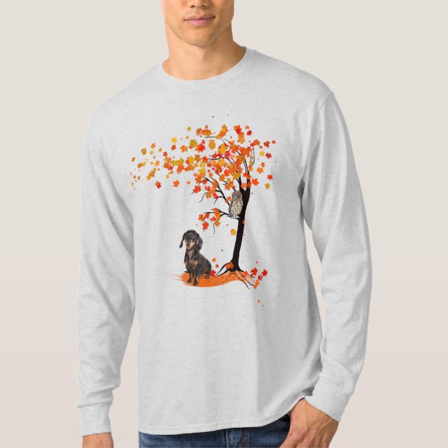 Dachshund Uggla och Fall Träd Dachshund Älskare hö T Shirt (Framsida)
