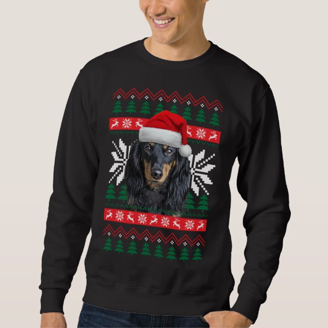 Dachshund Ugly jul Sötare Stil Santa Hat D Lång Ärmad Tröja (Framsida)