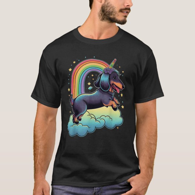Dachshund Unicorn on Rainbow Unicorn Dachshund T S T Shirt (Framsida)