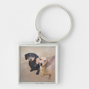 Dachshund (utjämnad) - Originalteckning av Hund Fyrkantig Silverfärgad Nyckelring