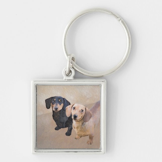 Dachshund (utjämnad) - Originalteckning av Hund Fyrkantig Silverfärgad Nyckelring (Framsidan)