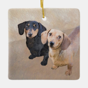 Dachshund (utjämnad) - Originalteckning av Hund Julgransprydnad Keramik