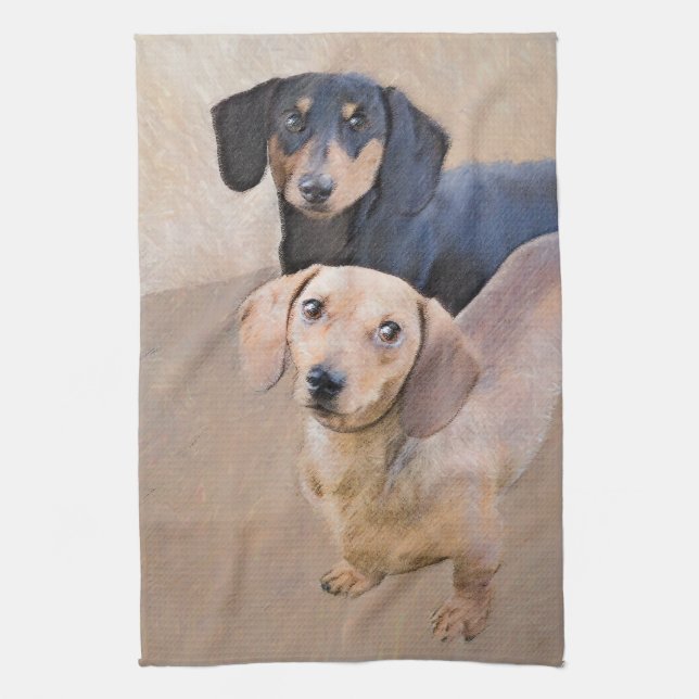 Dachshund (utjämnad) - Originalteckning av Hund Kökshandduk (Vertikal)
