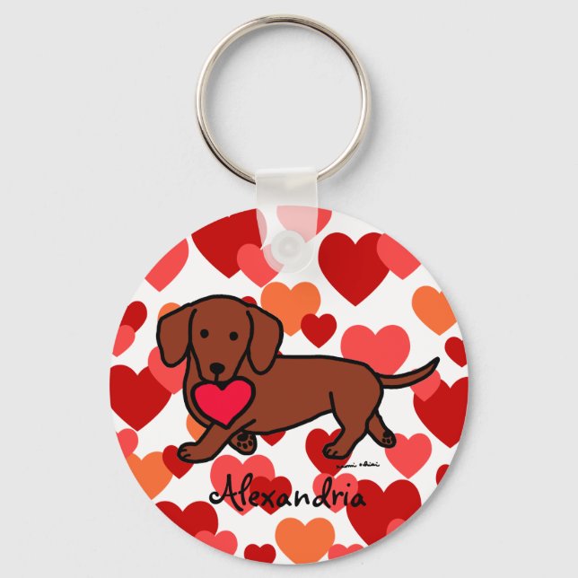 Dachshund Valentine Tecknad Nyckelring (Framsida)